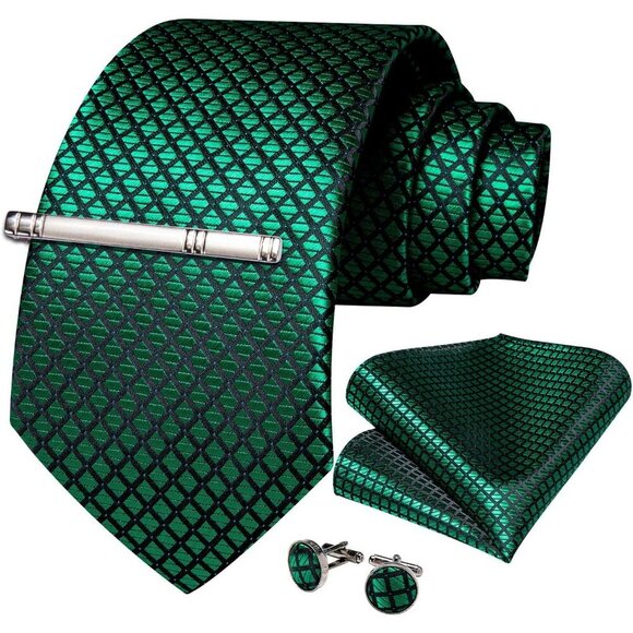 🆕Men Green Plaid Silk Checkered Necktie Pocket Square Cufflinks Tie Clip Set - Picture 3 of 6